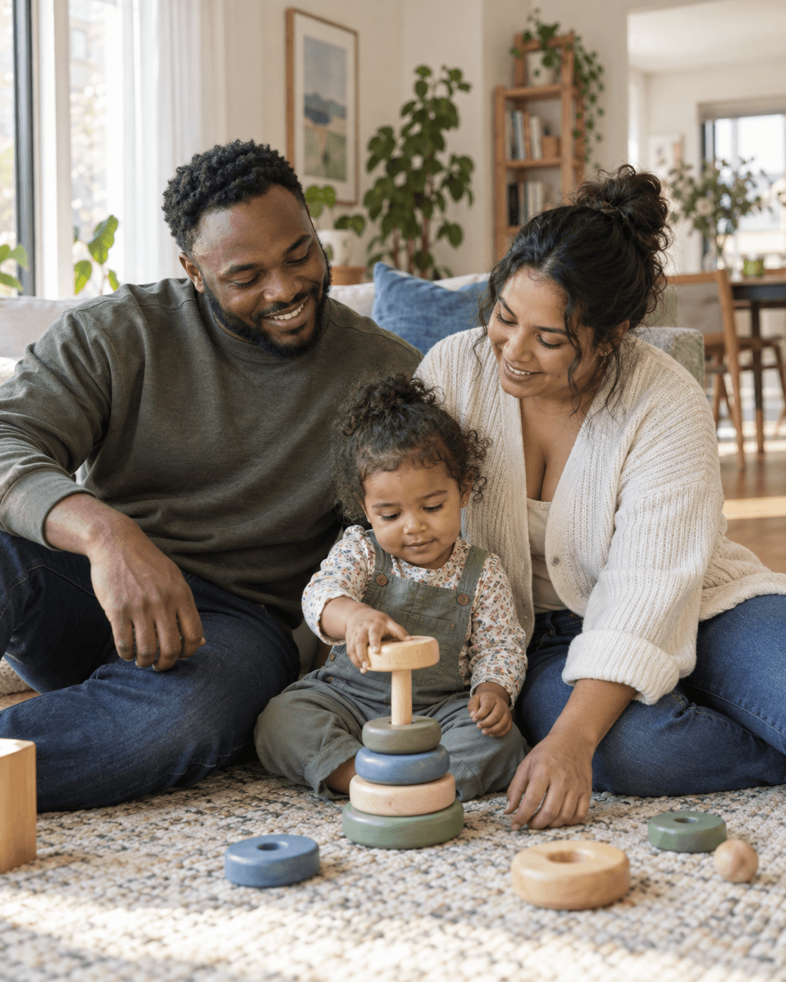 Parents sharing a playful moment with their toddler and wooden stacking rings