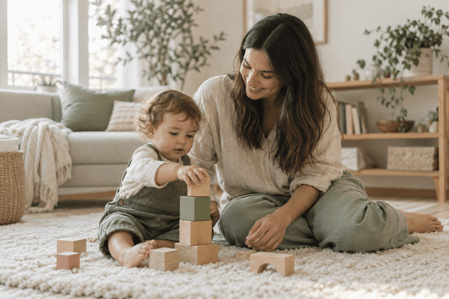 A parent and toddler playing together with wooden blocks at home