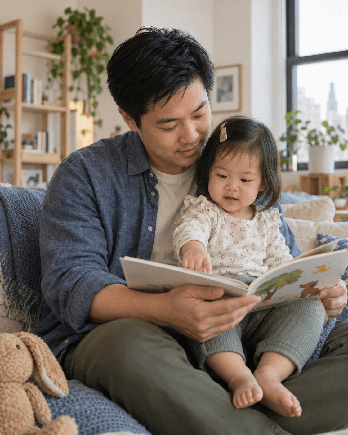 A father and toddler reading a picture book together