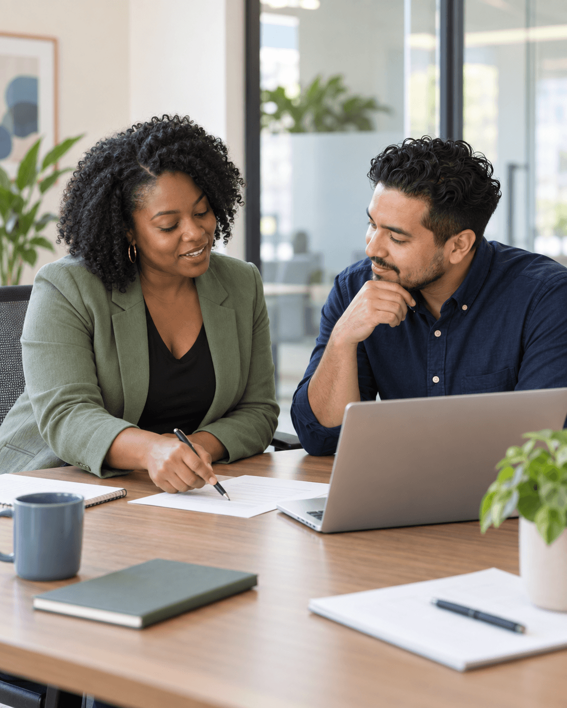 Two early childhood professionals reviewing an agenda in a meeting room