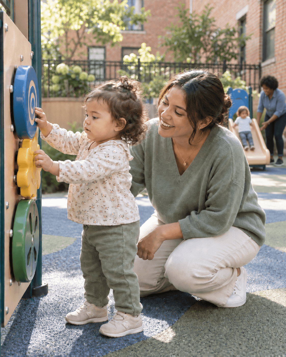 A toddler exploring a playground activity panel with an early childhood educator